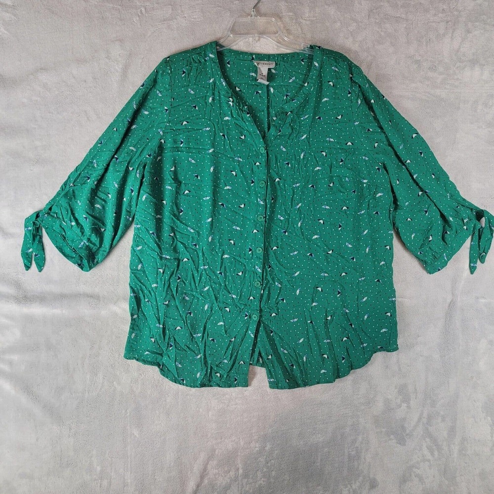 Catherines Tunic Top Womens 1X Unique Print Green With Umbrellas